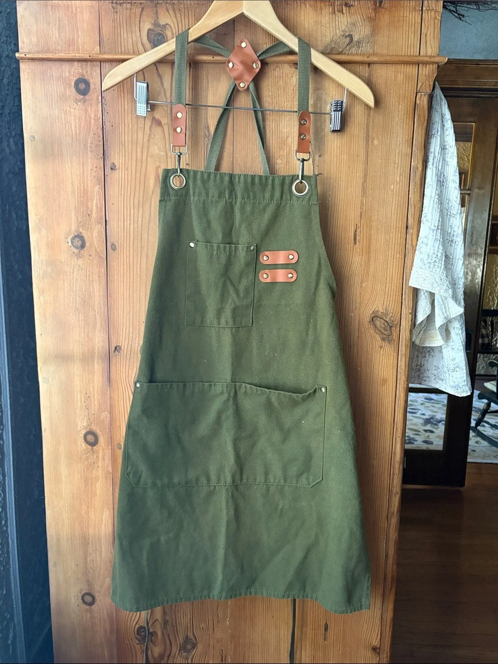 100% Cotton Canvas Utility Apron with Leather Accents - Olive Green